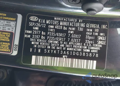 2013 Kia Sorento Lx from USA, damaged, VIN 5XYKT3A61DG385878